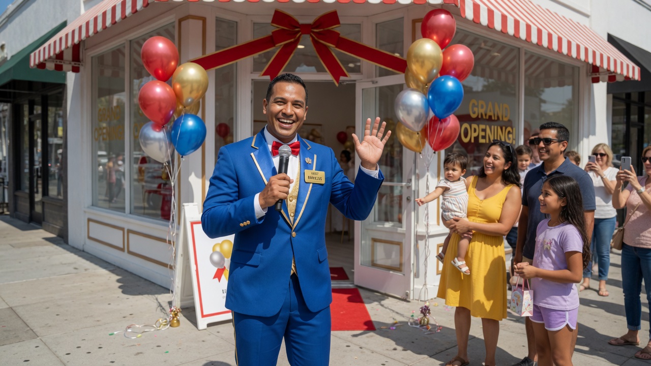 Host greeting guests at a store grand opening