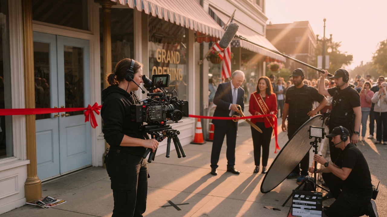 Cinematographer filming a ribbon cutting