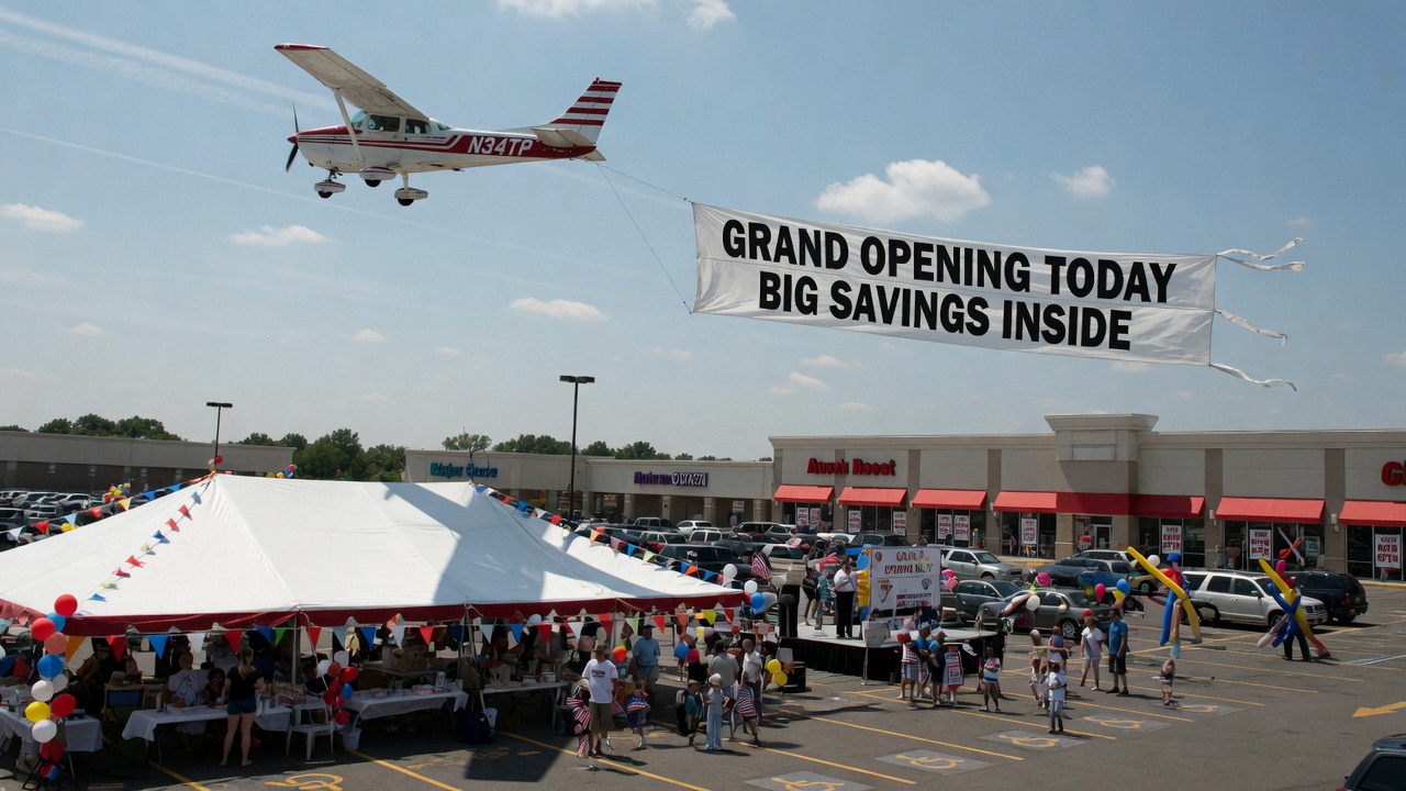 Banner plane over a retail grand opening