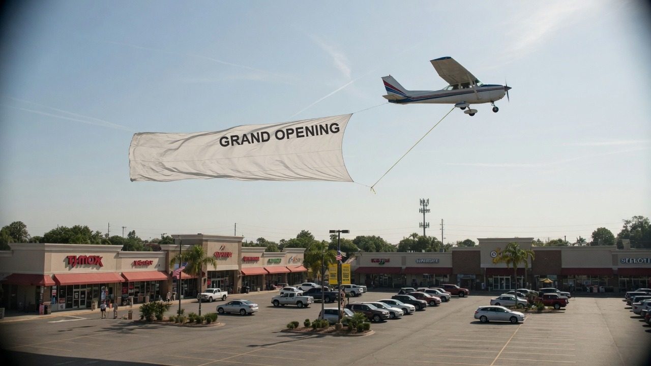 Banner plane over a retail grand opening