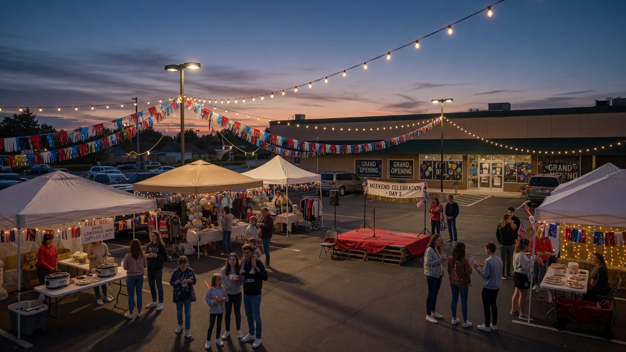 Weekend-long plaza grand opening at dusk